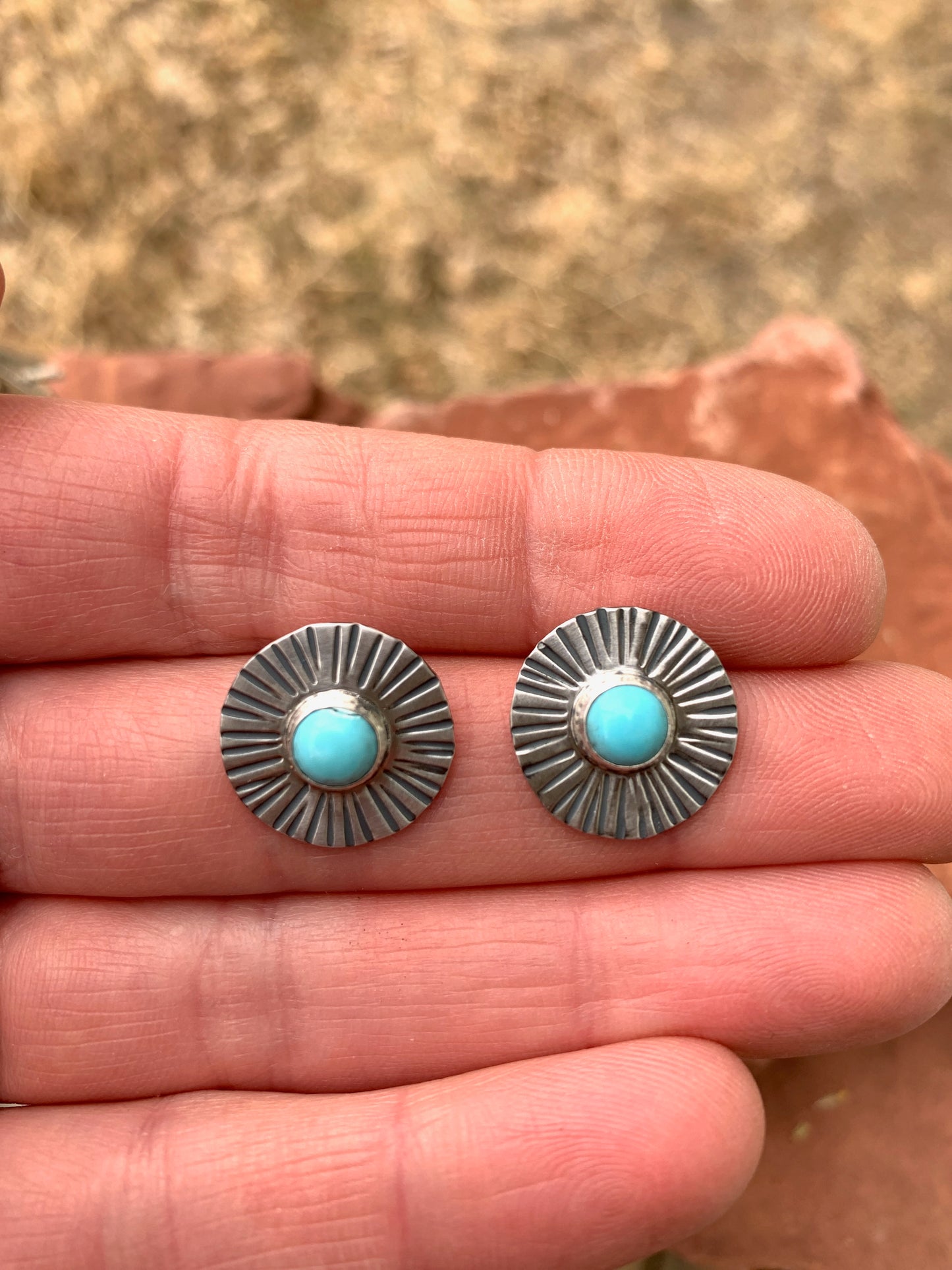 Sun Shapes Studs - Circles - Sterling Silver and Kingman Turquoise