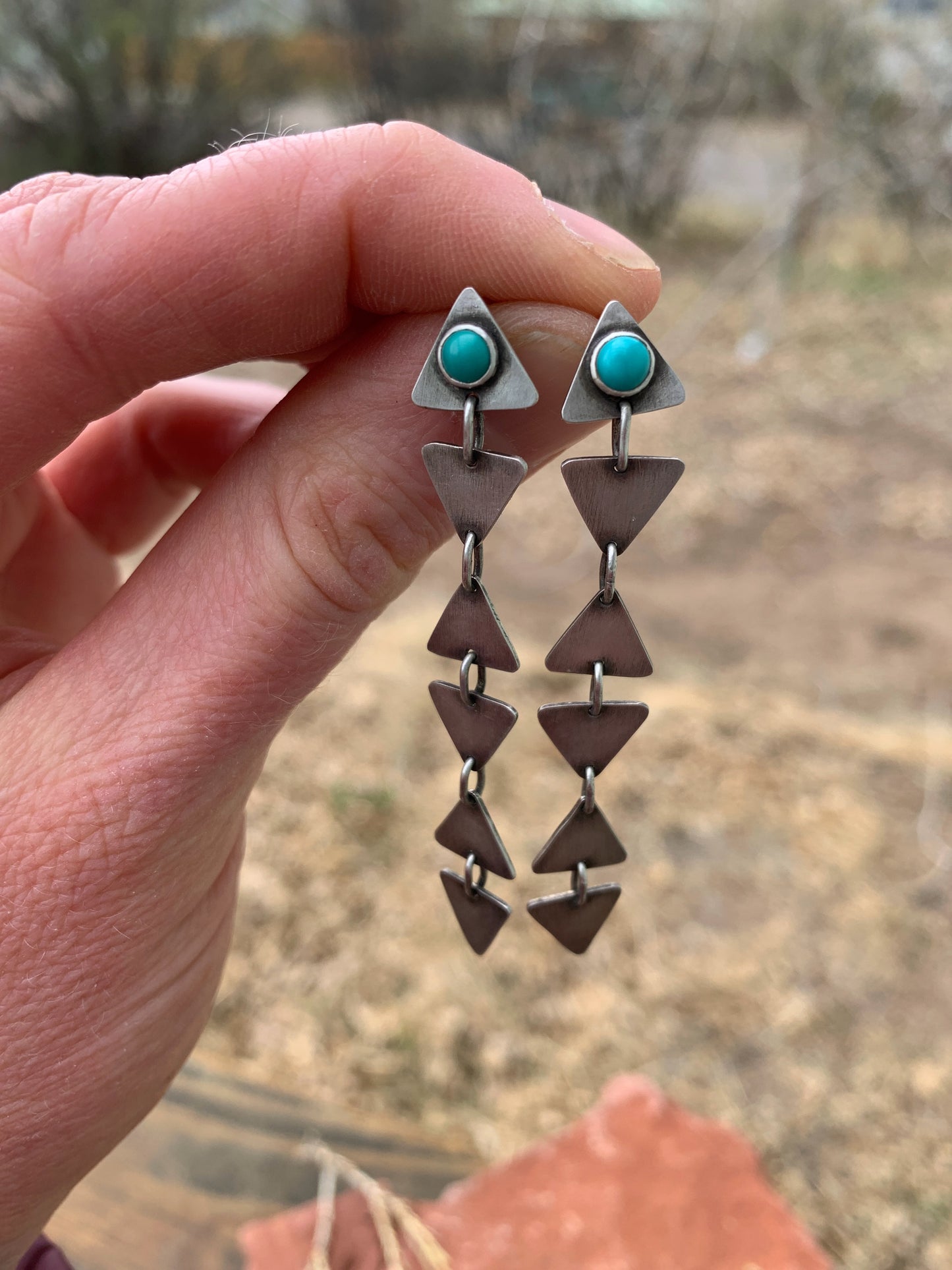 Triangle Dangle Studs - Sterling Silver and Tyrone Turquoise